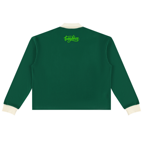 Shop the Signature Contrast Trim Long Sleeve Golf Shirt by Teddy Blaze. 320 GSM heavy green cotton-poly pullover with contrast cream trim and neon back script.