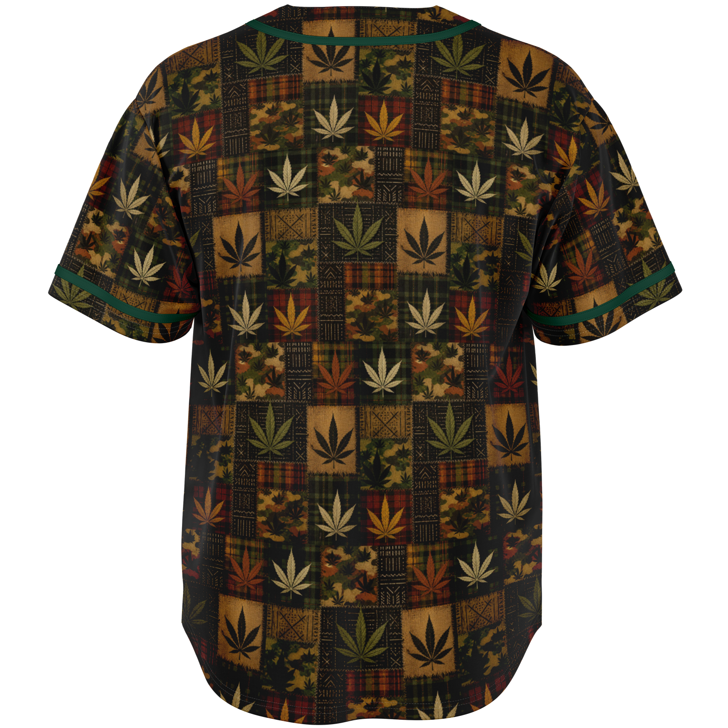 Shop the Teddy Blaze Patchwork Kush Baseball Jersey with cannabis botanicals, tartan, camo and mudcloth-inspired patchwork in breathable 230gsm knit.