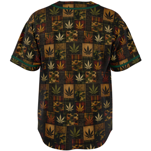 Shop the Teddy Blaze Patchwork Kush Baseball Jersey with cannabis botanicals, tartan, camo and mudcloth-inspired patchwork in breathable 230gsm knit.