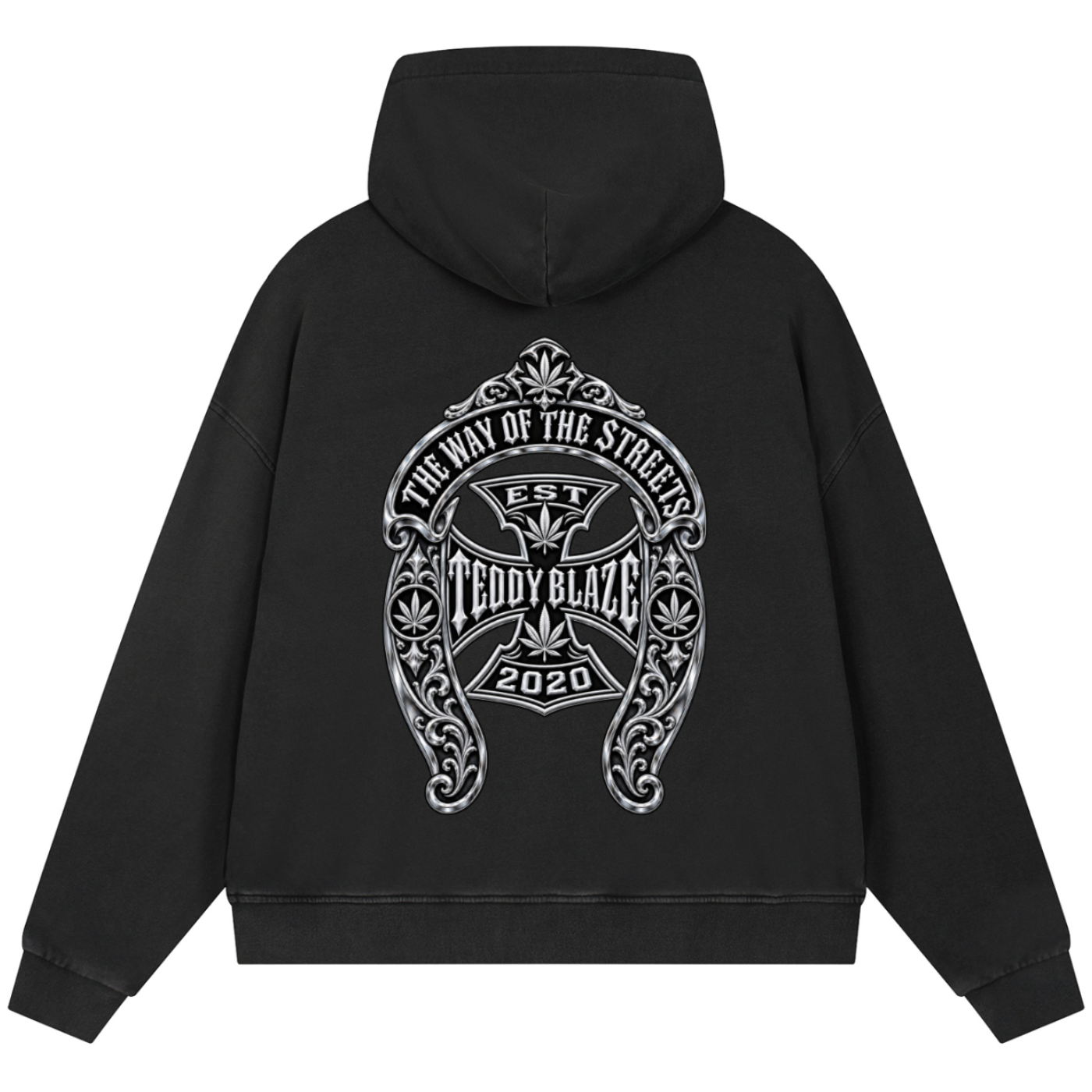 A black pullover hoodie shown from the back, featuring a large white graphic print with the text 'The Way of the Stigmas', 'Teddy Blaze', and '2020' on a plain white background.