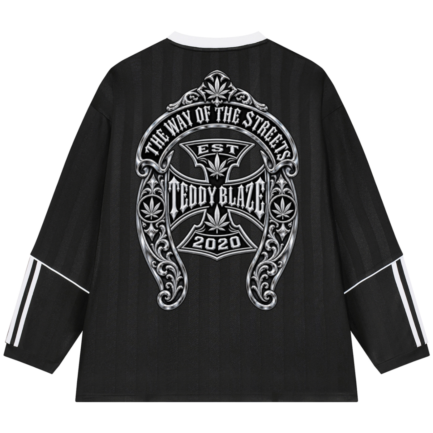 Black long-sleeve shirt with a large silver graphic on the back reading 'THE WAY OF THE STREETS TEDDY BLAZE EST 2020' and white stripe details on the sleeves, shown on a white background.