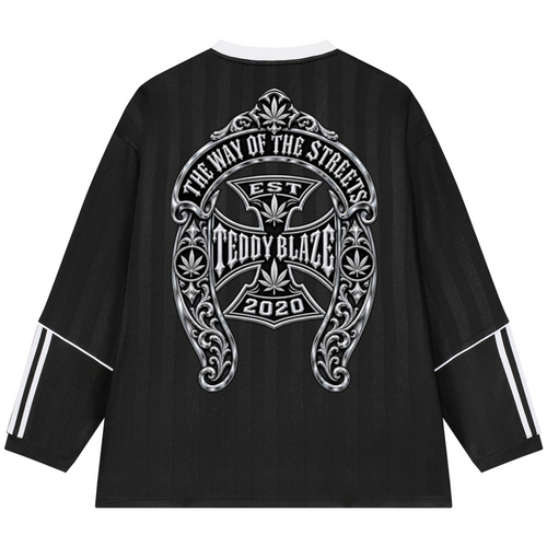 Black long-sleeve shirt with a large silver graphic on the back reading 'THE WAY OF THE STREETS TEDDY BLAZE EST 2020' and white stripe details on the sleeves, shown on a white background.
