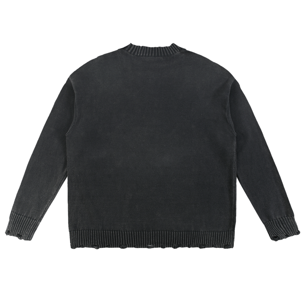 Elevate your knitwear with the House of Teddy Blaze Signature Vintage Washed Hand-Frayed Cotton Sweater. Charcoal cotton knit, hand-frayed trim, and script logo chest graphic. Shop NYC to Vegas style.