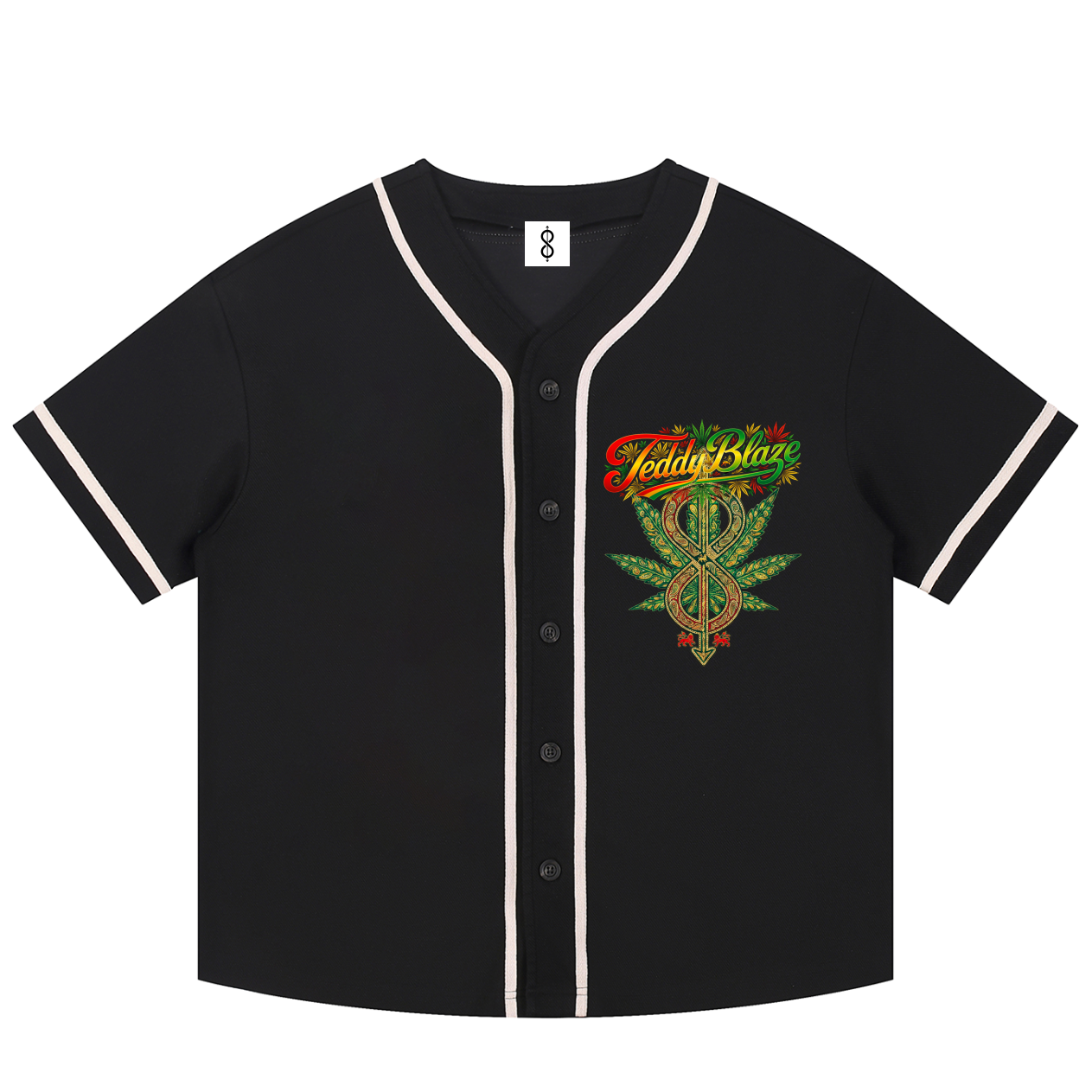 A black short-sleeve baseball-style button-up shirt with cream trim on the collar, placket, and sleeve cuffs, featuring a colorful graphic on the left chest with the text 'Today's Blues' and a cannabis leaf design.