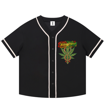 A black short-sleeve baseball-style button-up shirt with cream trim on the collar, placket, and sleeve cuffs, featuring a colorful graphic on the left chest with the text 'Today's Blues' and a cannabis leaf design.