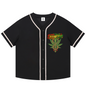 A black short-sleeve baseball-style button-up shirt with cream trim on the collar, placket, and sleeve cuffs, featuring a colorful graphic on the left chest with the text 'Today's Blues' and a cannabis leaf design.
