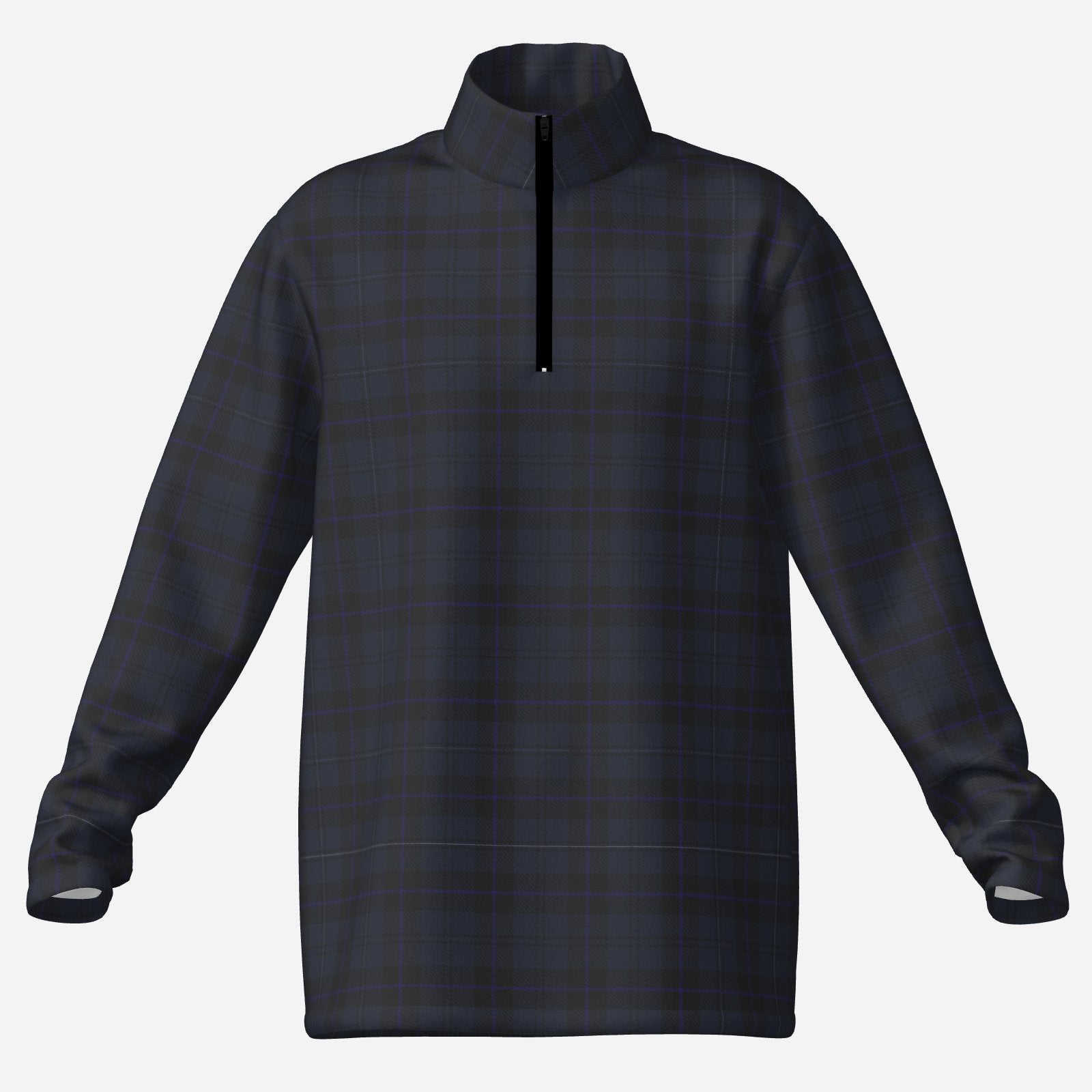 Shop the Bailey Tartan Quarter Zip by Teddy Blaze, made from 180 GSM stretch scuba knit with a cool-feeling finish and deep tonal plaid design.