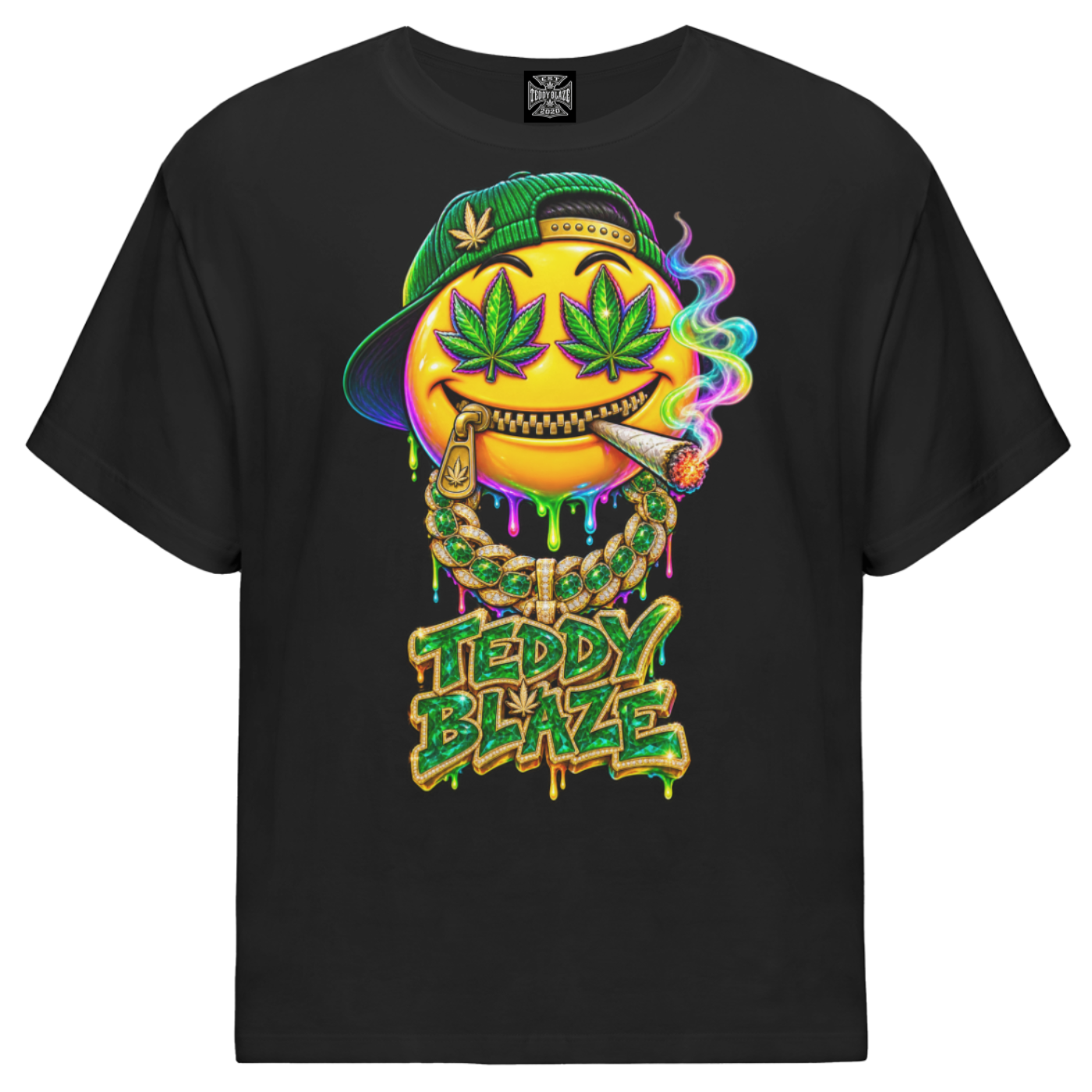 Shop the Bakey Head Gateway Tee by Teddy Blaze. 180 GSM stretch-cotton loose-fit black graphic t-shirt with dripping smiley artwork from TOPS.