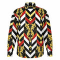 baroque chevron shirt, gold baroque button down, mens silk feel poplin shirt, Teddy Blaze button up, luxury graphic dress shirt, IRON AND IVY collection, Black owned luxury streetwear, 100 polyester poplin shirt, executive lounge button down, gold and red luxury shirt