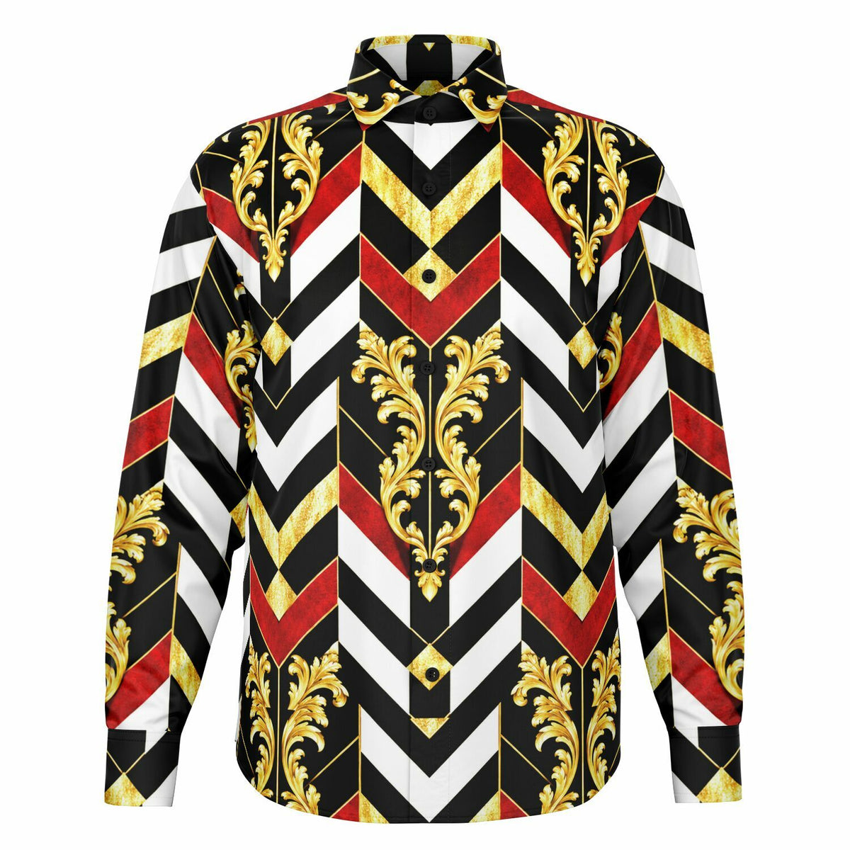 baroque chevron shirt, gold baroque button down, mens silk feel poplin shirt, Teddy Blaze button up, luxury graphic dress shirt, IRON AND IVY collection, Black owned luxury streetwear, 100 polyester poplin shirt, executive lounge button down, gold and red luxury shirt