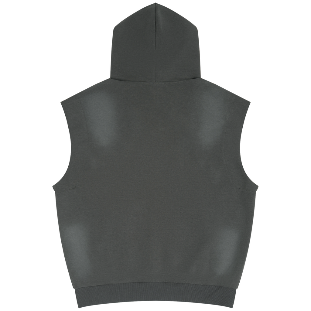 Shop the Freedom Crest Hooded Biker Vest by Teddy Blaze. 370 gsm mineral-grey sleeveless hoodie featuring grommet shoulder hardware, studded kangaroo pocket, and back DaCruz print.
