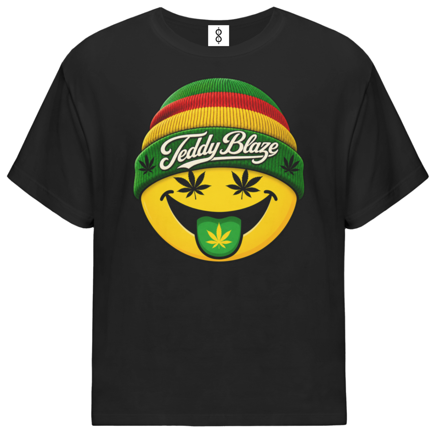 A black short-sleeve t-shirt with a large graphic on the front. The graphic features a yellow smiley face with a green leaf in its mouth, wearing a Rastafarian-style striped beanie with 'Teddy Blaze' written across it in white script.