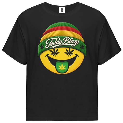 A black short-sleeve t-shirt with a large graphic on the front. The graphic features a yellow smiley face with a green leaf in its mouth, wearing a Rastafarian-style striped beanie with 'Teddy Blaze' written across it in white script.