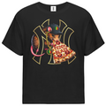 A black short-sleeve t-shirt with a large graphic print on the front. The graphic features a cartoon mouse wearing a black hat with a green leaf emblem, holding a slice of pizza that reads 'TEDDY BLAZE', set against a gold interlocking NY logo.