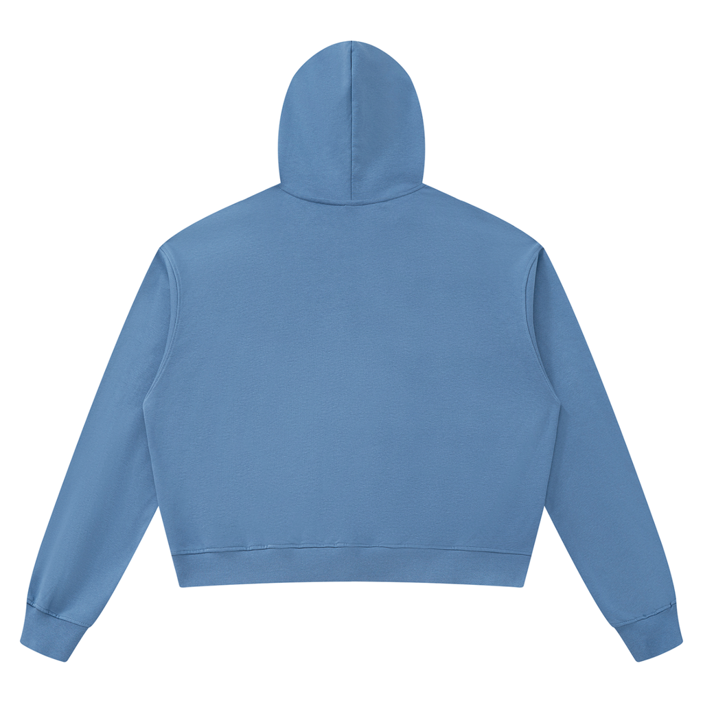 Shop the Signature V-Neck Boxy Raw Edge Hooded Jumper by Teddy Blaze. 360 GSM slate blue heavy fleece hoodie featuring a slit V-neck cut from THE BLAZE MAN.