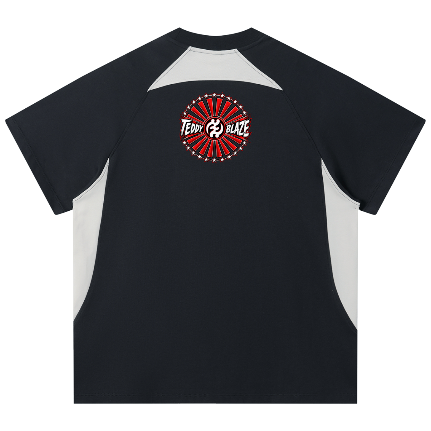 Shop the Teddy Blaze Brand Rising Contrast Panel Performance Tee featuring Teddy Blaze Samurai, Gye Nyame artwork and bold athletic-inspired color blocking.