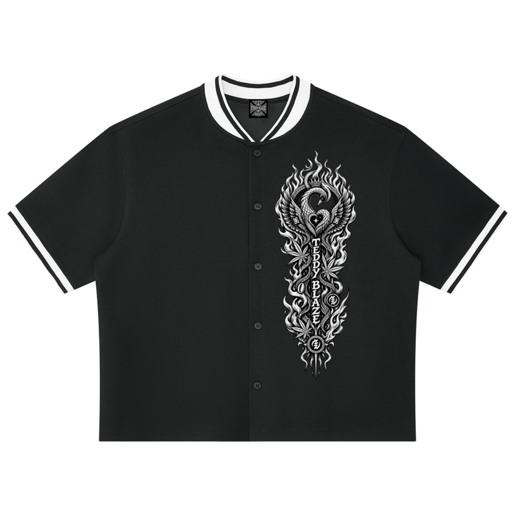 Oversized navy baseball jersey featuring Afrodemia graphics and Bearatoo, the face of Teddy Blaze. Collegiate styling with a distinctly Afrocentric point of view.