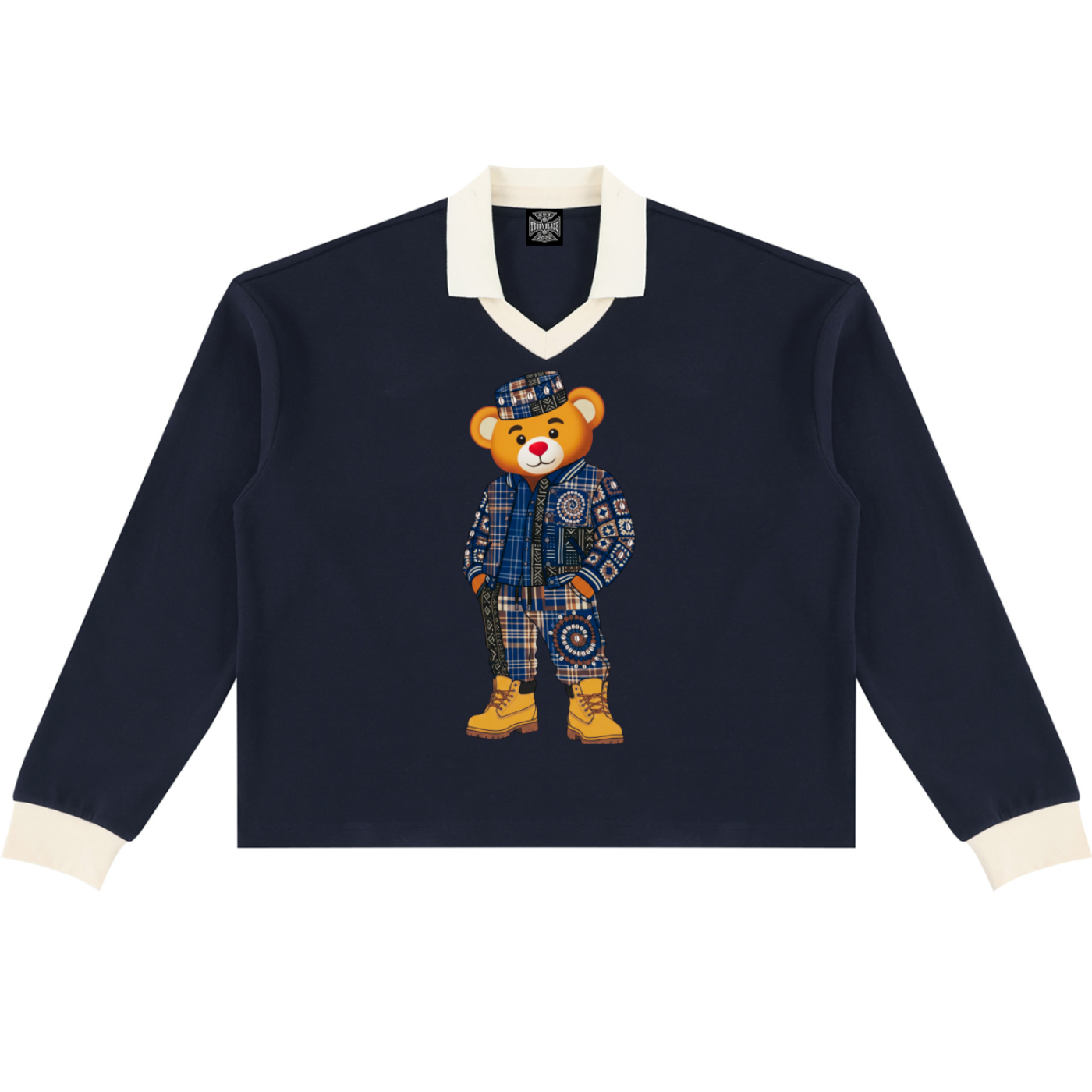A heavyweight unisex rugby shirt featuring Bearatoo in Afrodemia style, with a navy body, cream contrast trim and relaxed collegiate silhouette.