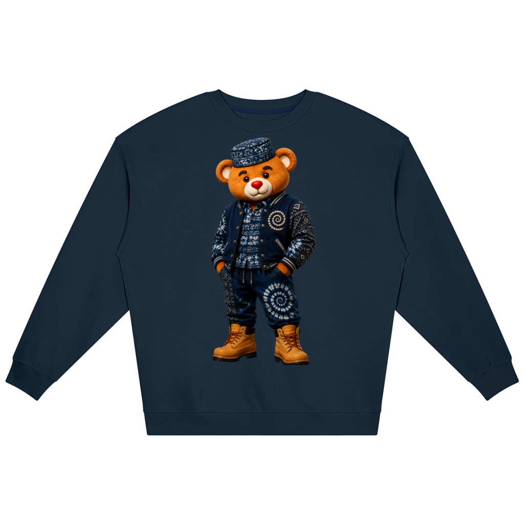 Heavyweight 360 GSM Bearatoo jumper in deep navy with Afrodemia-inspired artwork, oversized unisex proportions and Very Teddy back branding.