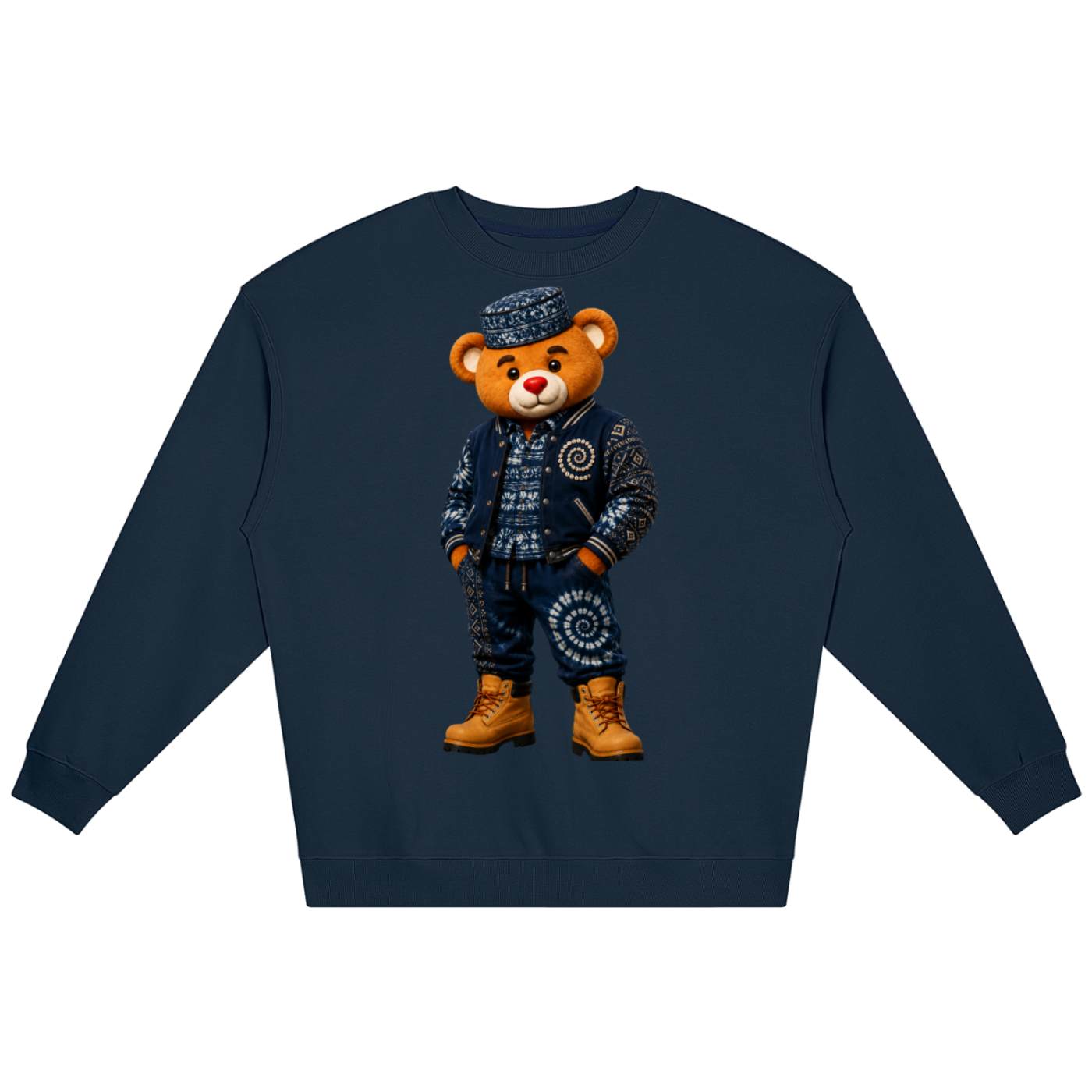 Heavyweight 360 GSM Bearatoo jumper in deep navy with Afrodemia-inspired artwork, oversized unisex proportions and Very Teddy back branding.