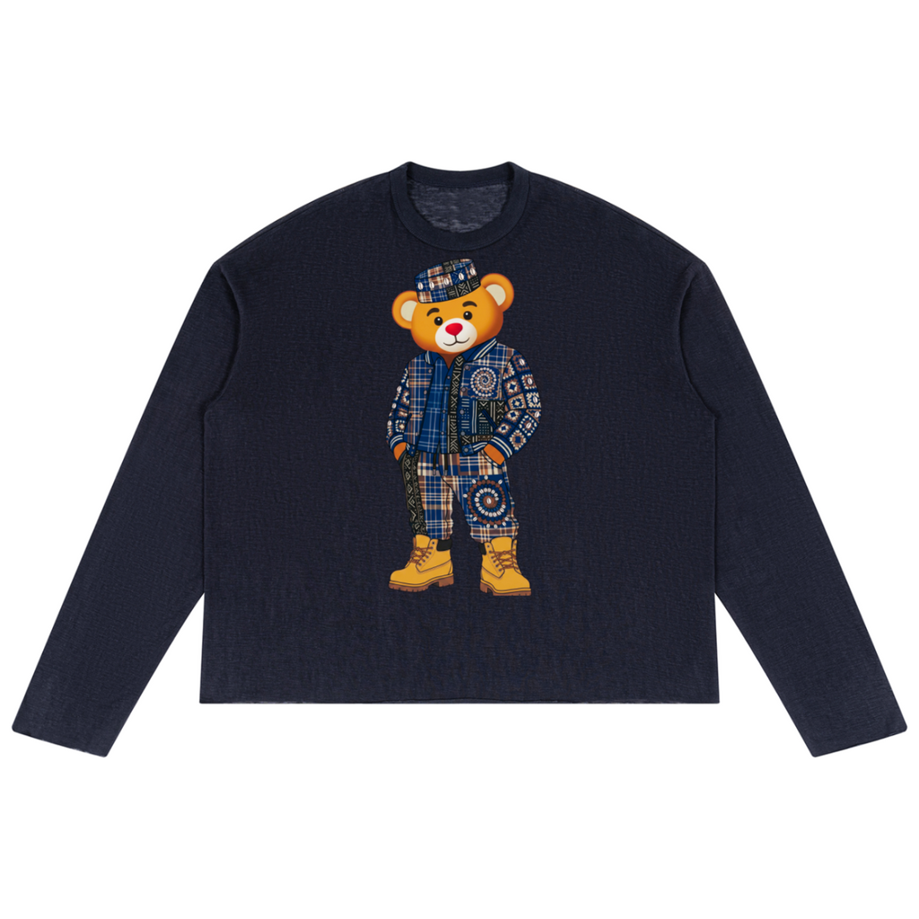Lightweight unisex Bearatoo jumper featuring the face of Teddy Blaze dressed in Afrodemia style, with a relaxed boxy fit and VERY TEDDY back graphic.