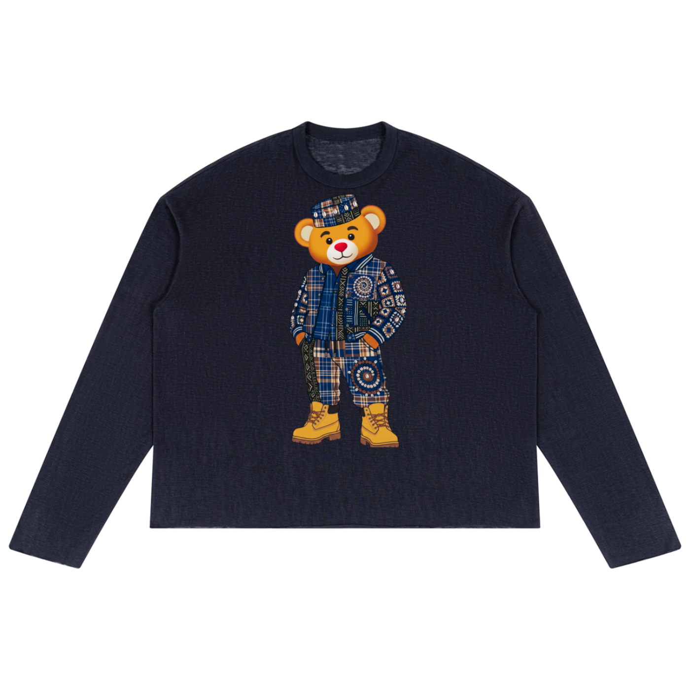 Lightweight unisex Bearatoo jumper featuring the face of Teddy Blaze dressed in Afrodemia style, with a relaxed boxy fit and VERY TEDDY back graphic.