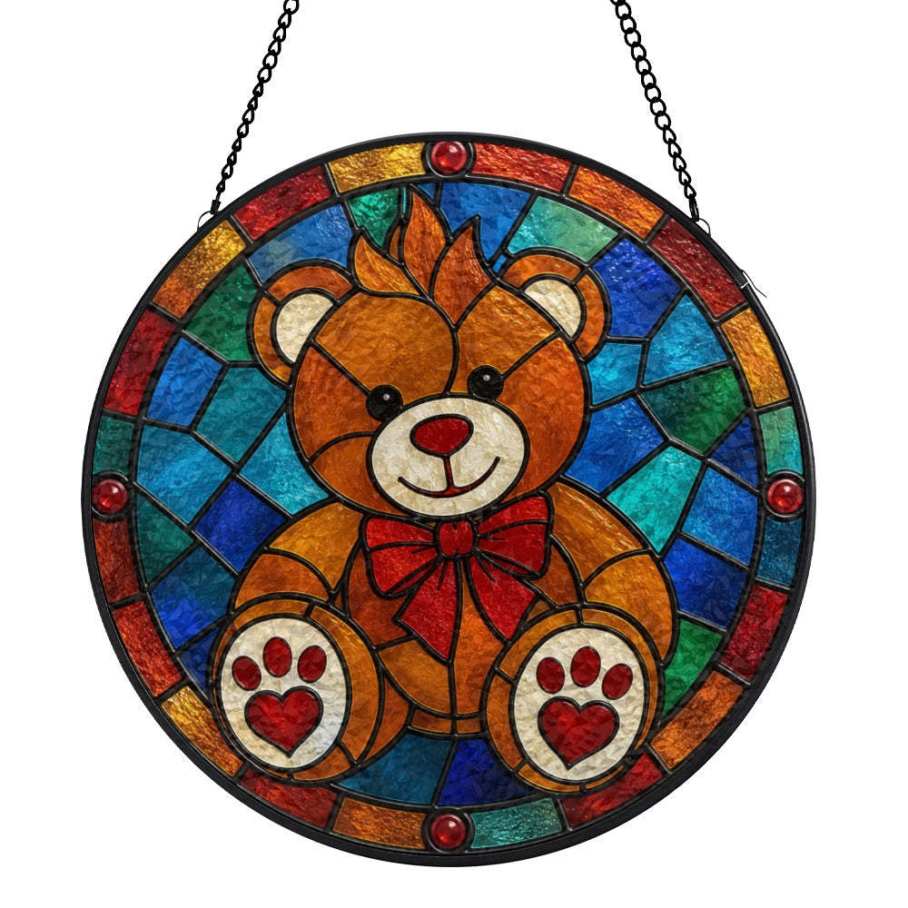 Brighten your space with the colorful Bearatoo stained glass decoration, available in two sizes and ready to hang from Teddy Blaze.