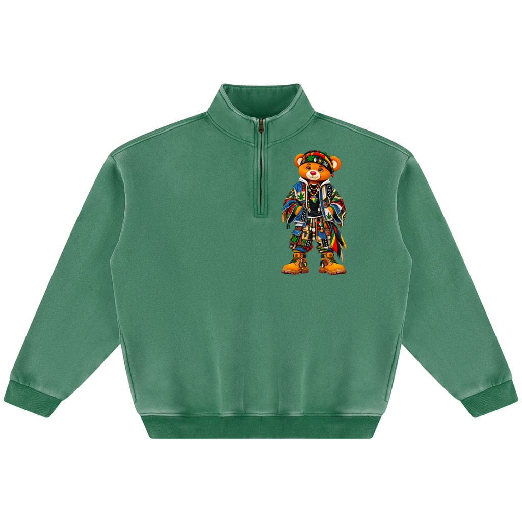 Extra-thick Teddy Blaze vintage wash quarter zip featuring Boho Bearatoo and signature patchwork artwork. Heavyweight unisex fleece in washed green.