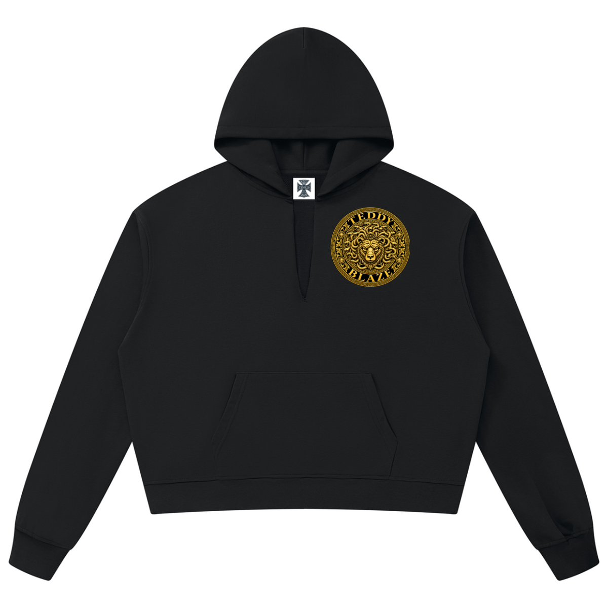 Elevate your statement outerwear with the House of Teddy Blaze Beardusa V-Neck Box Cut Raw Edge Fleece Hoodie. Black 360 gsm fleece, notched V-neck collar, raw edge details, and gold Medusa bear graphics. Shop NYC to Vegas style.
