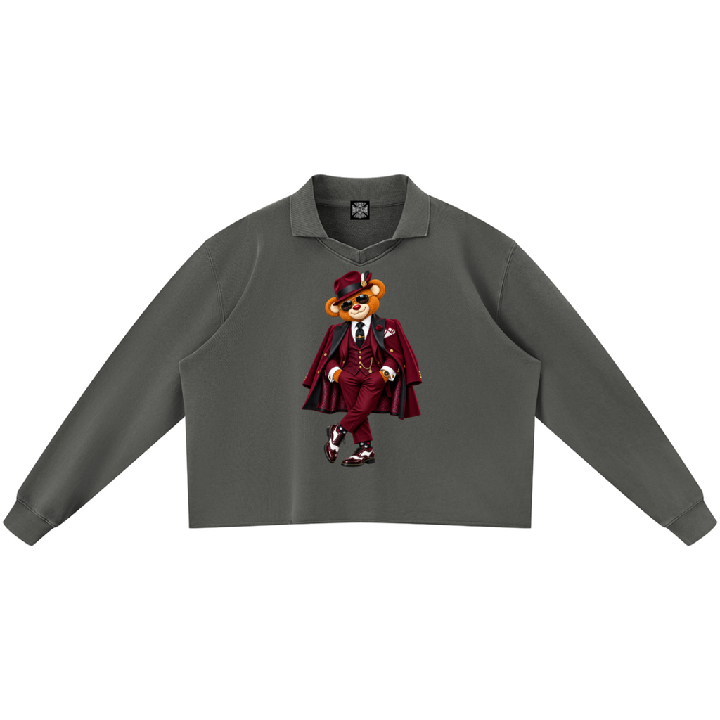 Shop the Bearfather of Vegas Mineral Wash Cotton Rugby Shirt by Teddy Blaze. 380 GSM mineral wash cotton pullover featuring brand personification The Bearfather from The Mature Mocha Collection.