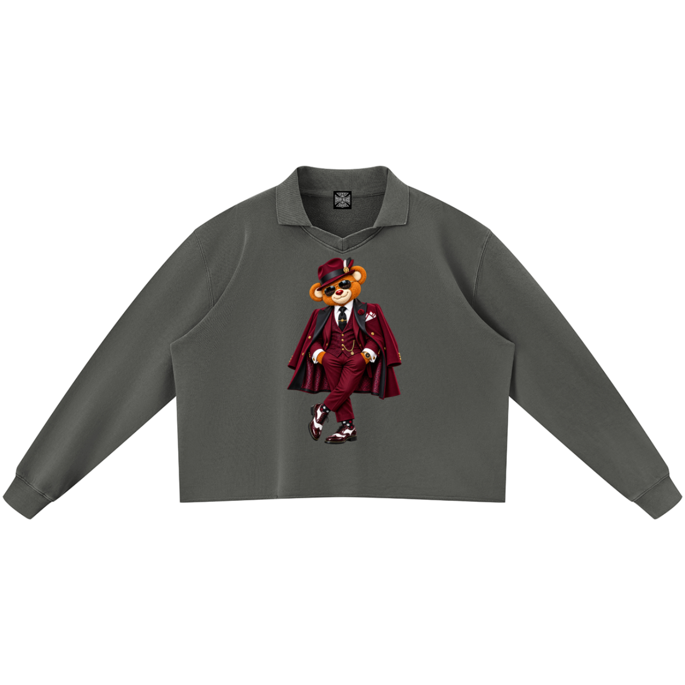 Shop the Bearfather of Vegas Mineral Wash Cotton Rugby Shirt by Teddy Blaze. 380 GSM mineral wash cotton pullover featuring brand personification The Bearfather from The Mature Mocha Collection.