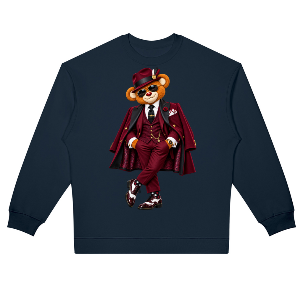 Shop the Bearfather of Vegas Oversized Jumper by Teddy Blaze. 380 GSM midnight navy fleece sweatshirt featuring brand personification The Bearfather from The Mature Mocha Collection.