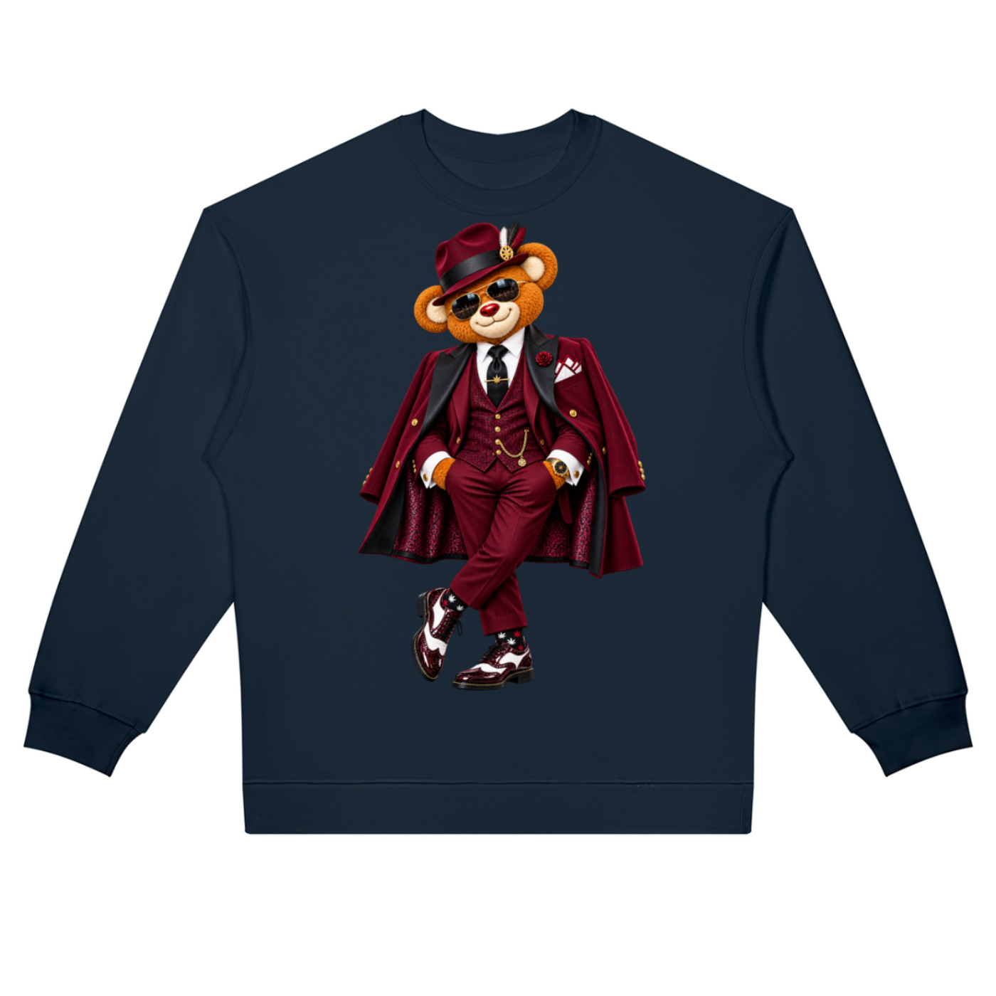 Shop the Bearfather of Vegas Oversized Jumper by Teddy Blaze. 380 GSM midnight navy fleece sweatshirt featuring brand personification The Bearfather from The Mature Mocha Collection.