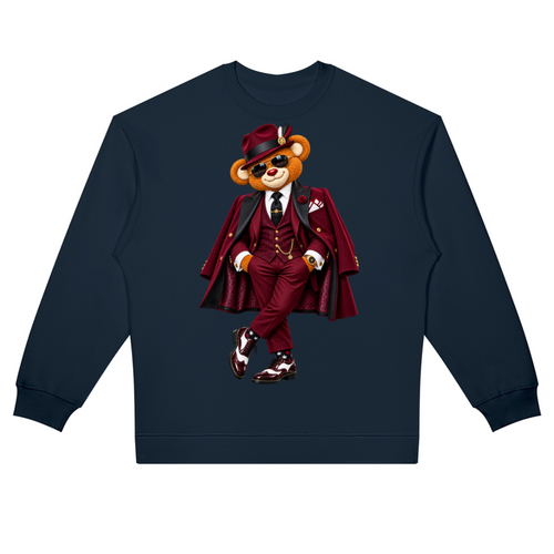 Shop the Bearfather of Vegas Oversized Jumper by Teddy Blaze. 380 GSM midnight navy fleece sweatshirt featuring brand personification The Bearfather from The Mature Mocha Collection.