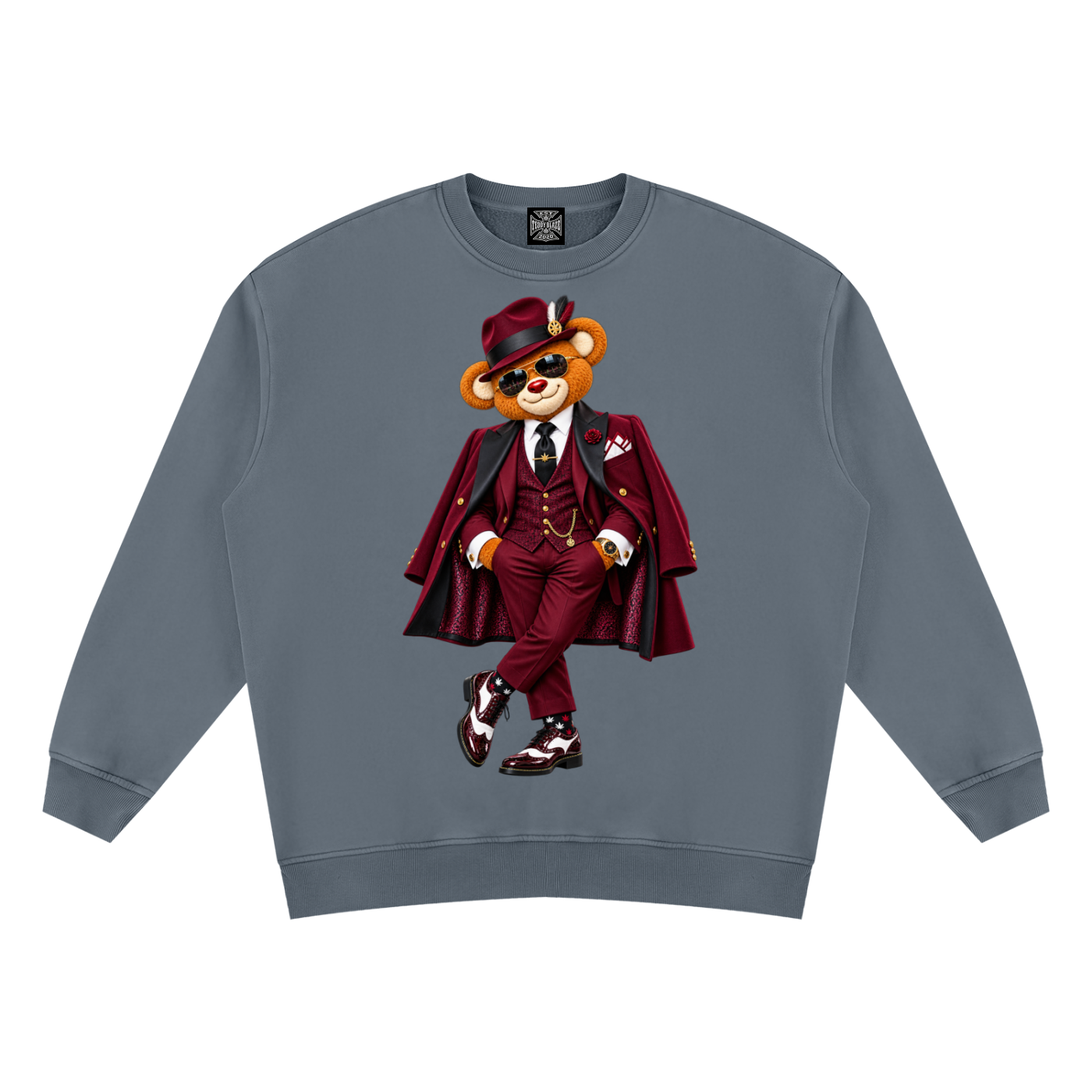 Shop the Bearfather of Vegas Vintage Wash Fleece Jumper by Teddy Blaze. 355 GSM slate gray crewneck sweatshirt featuring brand personification The Bearfather from The Mature Mocha Collection.