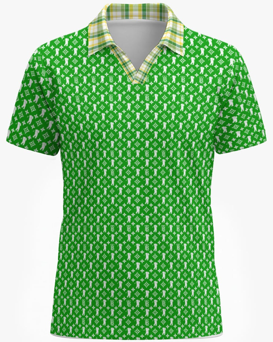 Shop the Iron + Ivy Bearo Tartan Cachet Mesh Open Polo by Teddy Blaze. Breathable mesh golf polo featuring a green luxury bear monogram print with a contrast lime tartan open collar.