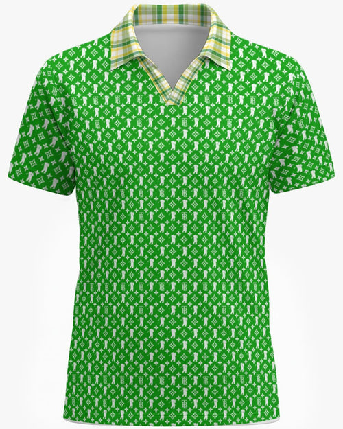 Shop the Iron + Ivy Bearo Tartan Cachet Mesh Open Polo by Teddy Blaze. Breathable mesh golf polo featuring a green luxury bear monogram print with a contrast lime tartan open collar.