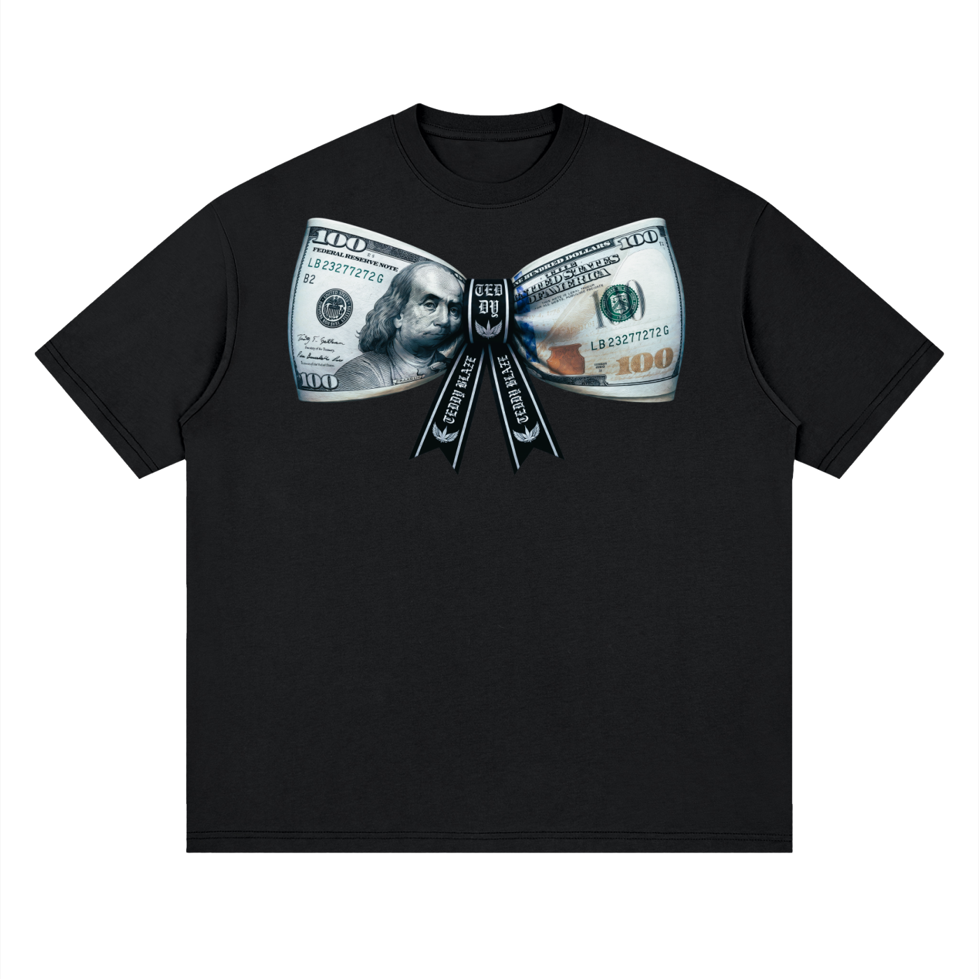 A black short-sleeve crewneck t-shirt featuring a graphic print of a dollar bill ribbon bow made of US $100 bills, with the words 'I LOVE YOU' printed down the center.