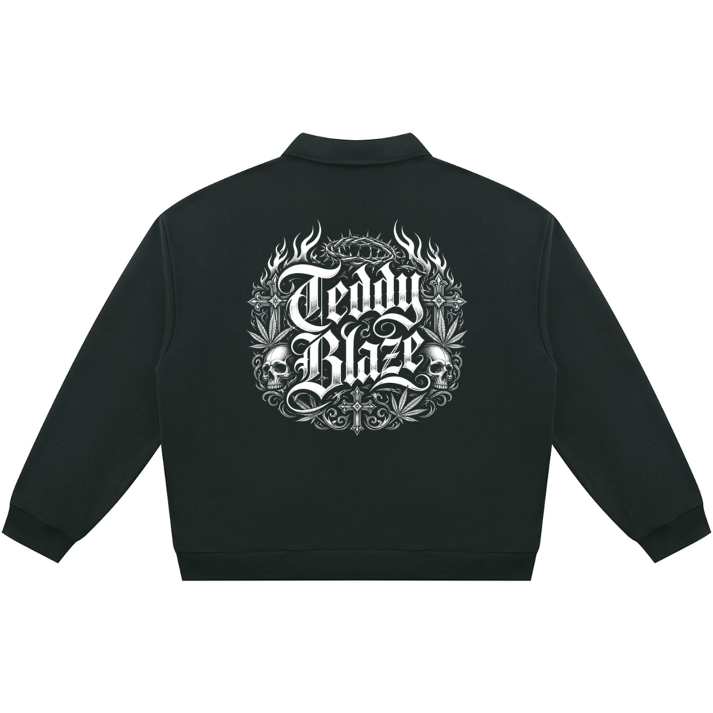Shop the Signature Blazehead Rugby Shirt by Teddy Blaze. Heavyweight black fleece rugby pullover with gothic skull crest graphics from THE BLAZE MAN.
