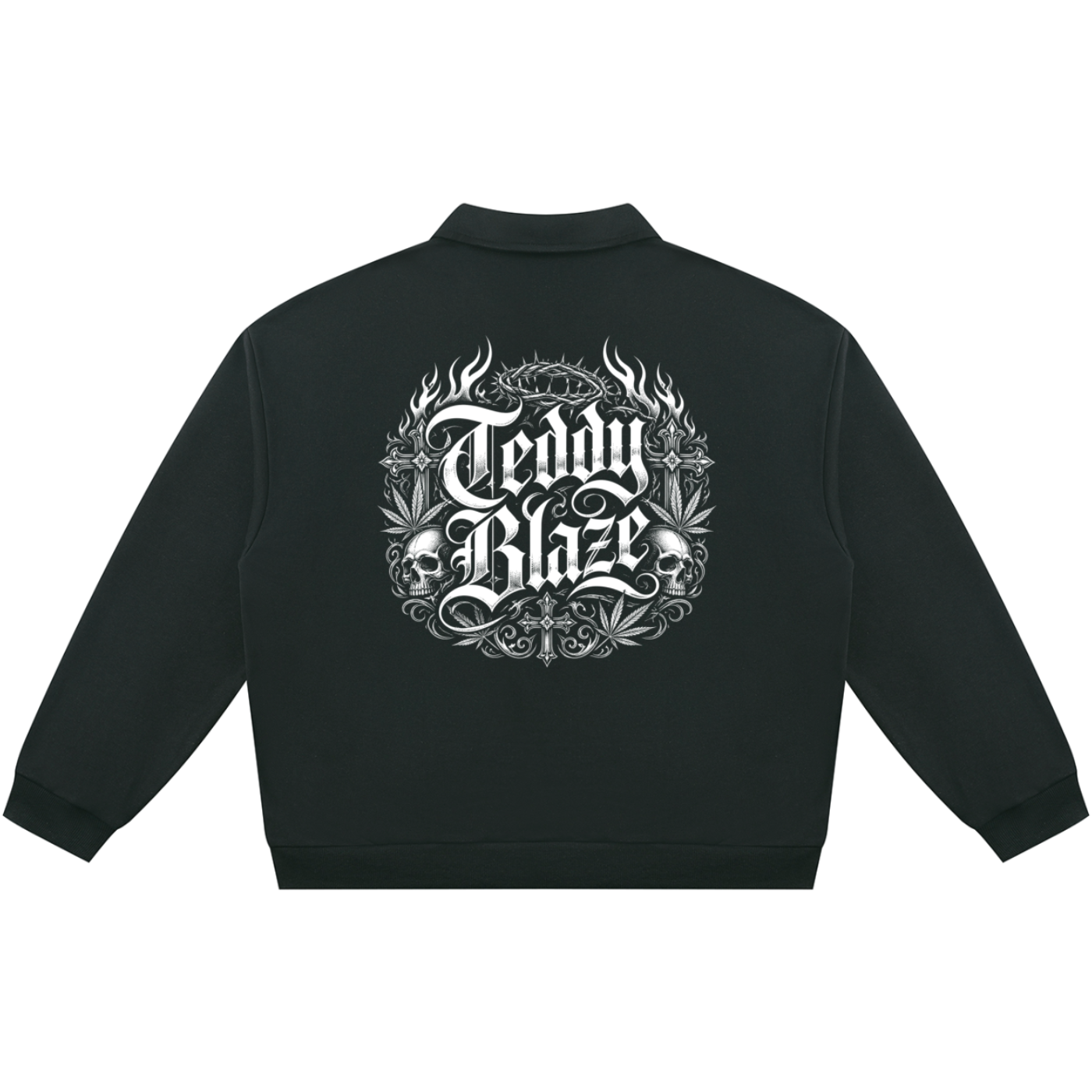 Shop the Signature Blazehead Rugby Shirt by Teddy Blaze. Heavyweight black fleece rugby pullover with gothic skull crest graphics from THE BLAZE MAN.