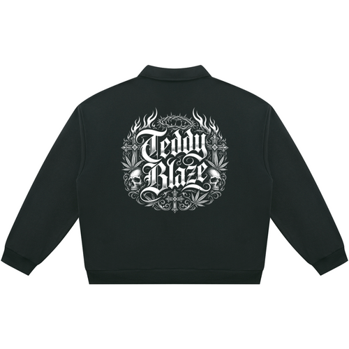 Shop the Signature Blazehead Rugby Shirt by Teddy Blaze. Heavyweight black fleece rugby pullover with gothic skull crest graphics from THE BLAZE MAN.