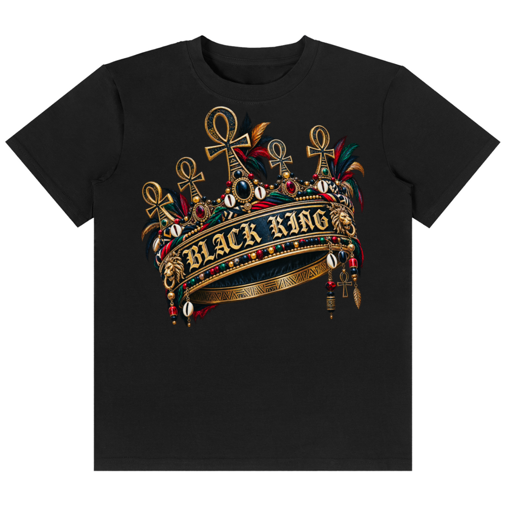 Shop the Black King Classic Tee by Teddy Blaze. 180 GSM cotton-spandex stretch tee featuring an ornate golden Ankh crown graphic from the HEAT line of The Mature Mocha Collection