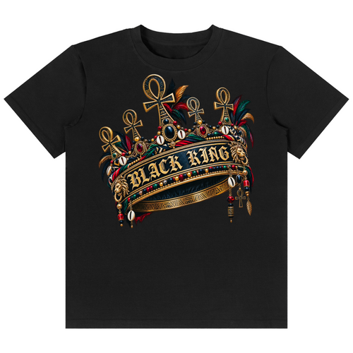 Shop the Black King Classic Tee by Teddy Blaze. 180 GSM cotton-spandex stretch tee featuring an ornate golden Ankh crown graphic from the HEAT line of The Mature Mocha Collection