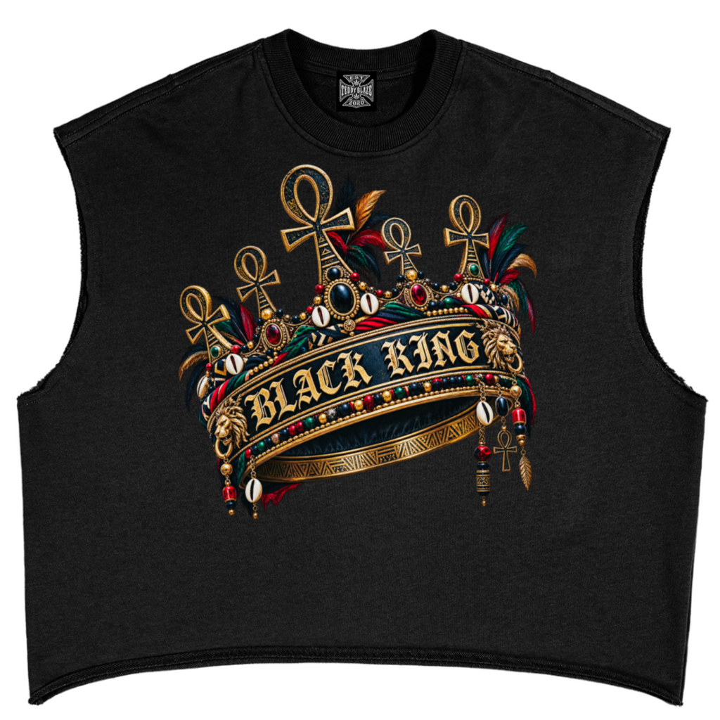 Shop the Black King French Terry Boxy Tank by Teddy Blaze. 340 GSM french terry muscle tank featuring regal "BLACK KING" graphics from THE BLAZE MAN.