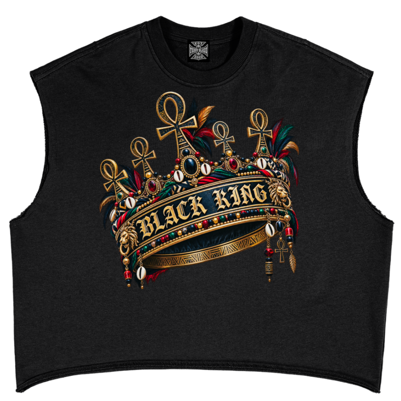 Shop the Black King French Terry Boxy Tank by Teddy Blaze. 340 GSM french terry muscle tank featuring regal "BLACK KING" graphics from THE BLAZE MAN.