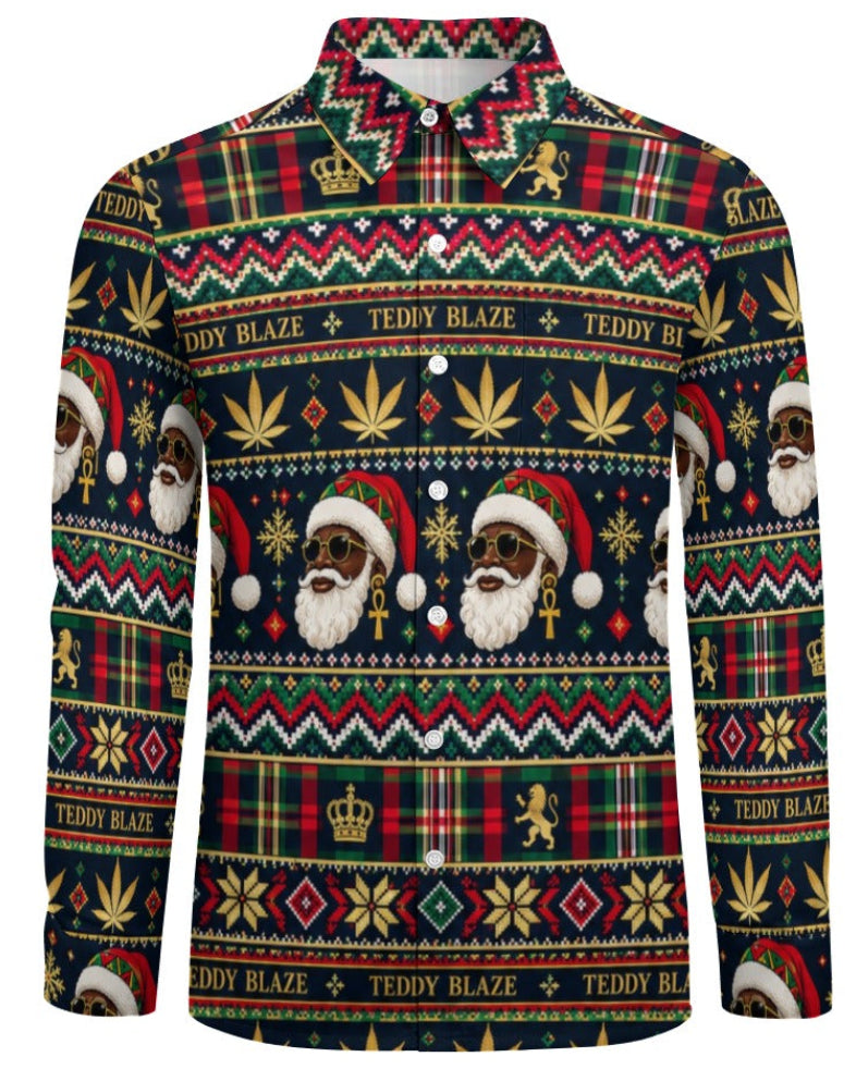 Shop the Iron + Ivy Black Santa Regal Holiday Fair Isle Peach Velvet Shirt by Teddy Blaze. Long sleeve peach velvet button-down featuring Black Santa graphics, cannabis leaves, and royal Fair Isle motifs.