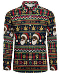 Shop the Iron + Ivy Black Santa Regal Holiday Fair Isle Peach Velvet Shirt by Teddy Blaze. Long sleeve peach velvet button-down featuring Black Santa graphics, cannabis leaves, and royal Fair Isle motifs.