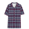 Shop the Blazeberry Plaid Camp Shirt by Teddy Blaze. 120 GSM featherlight berry and navy plaid short-sleeve resort button-down from WHAT'S ON TOP.