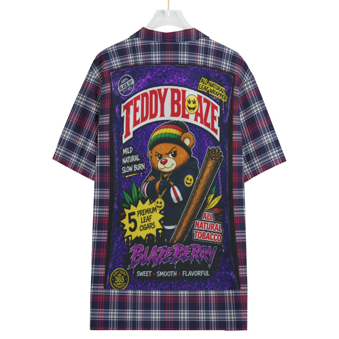 Shop the Blazeberry Wraps Camp Shirt by Teddy Blaze. 120 GSM featherlight berry plaid resort button-down with graphic wraps pack back art from WHAT'S ON TOP.