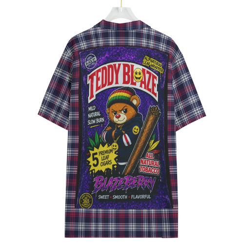 Shop the Blazeberry Wraps Camp Shirt by Teddy Blaze. 120 GSM featherlight berry plaid resort button-down with graphic wraps pack back art from WHAT'S ON TOP.